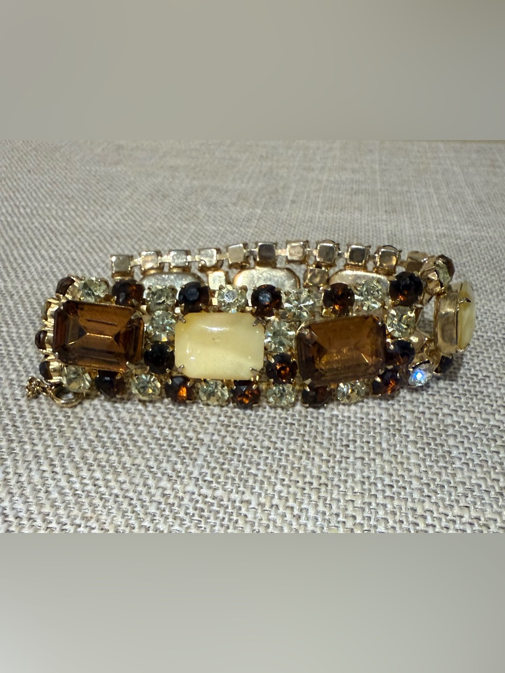 Vintage Gold-Tone Amber & Topaz Rhinestone Statement Bracelet